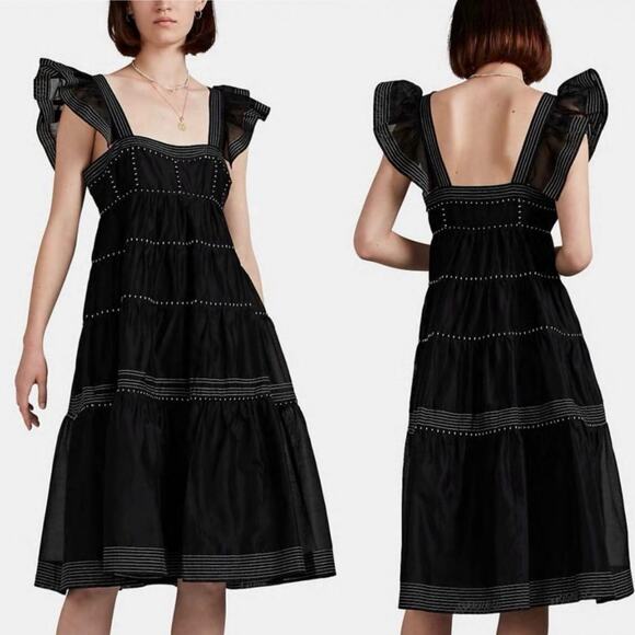 Ulla Johnson Rosalie Midi Dress Black Silk Tiered Prairie Cottagecore Size 4 - Picture 1 of 16